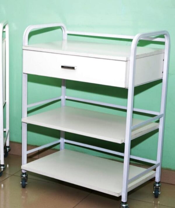 Medical White Trolley (2 Shelves 1 Drawer)