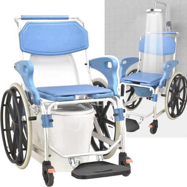 3-in-1 Commode Wheelchair – Shower, Toilet & Mobility Chair (Anti-Rust, 150kg Capacity)