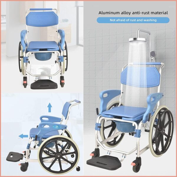 3-in-1 Commode Wheelchair – Shower, Toilet & Mobility Chair (Anti-Rust, 150kg Capacity) - Image 2