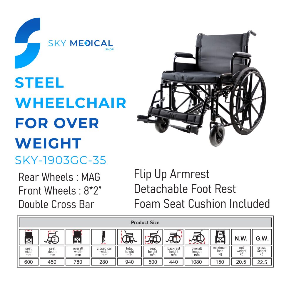 Steel Wheelchair SKY-1903GC-35 for Overweight Users - Image 2