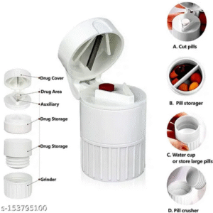 4-in-1 Pill Cutter, Crusher & Storage Box – Portable Medicine Organizer (2) Compact 4-in-1 pill cutter, crusher, grinder, and storage container—ideal for easy medication management at home or on the go.