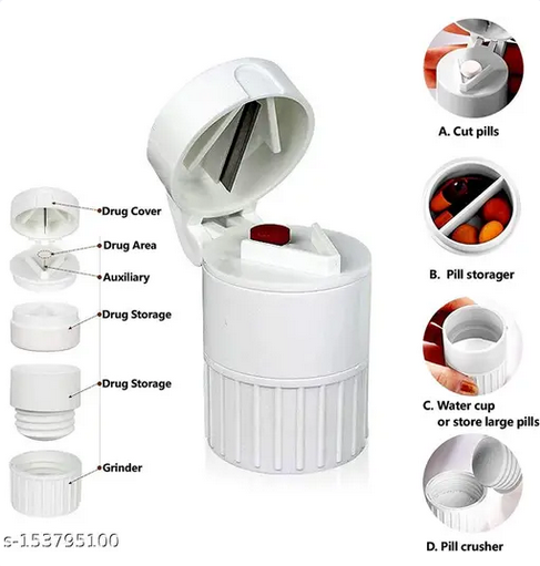 4-in-1 Pill Cutter, Crusher & Storage Box – Portable Medicine Organizer (2) Compact 4-in-1 pill cutter, crusher, grinder, and storage container—ideal for easy medication management at home or on the go.